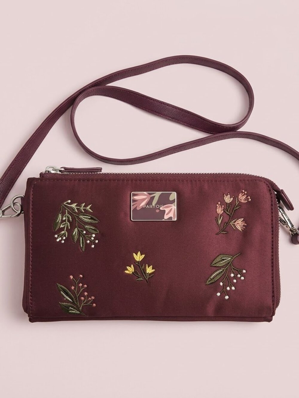 Maroon Floral Crossbody Wallet with Embroidered Details